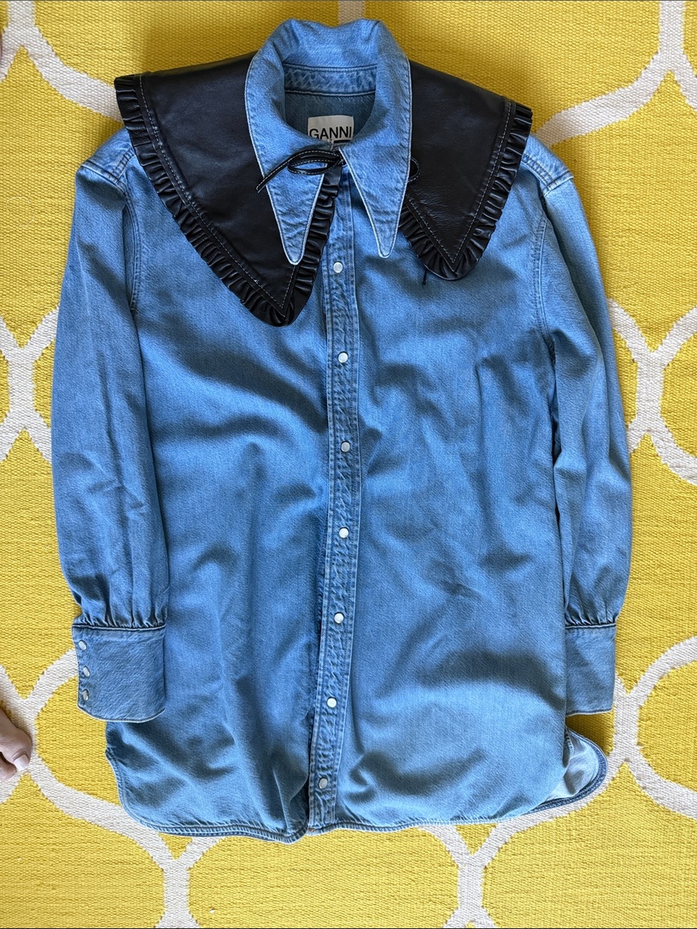Ganni Light Blue Denim Shirt with Black Leather Collar